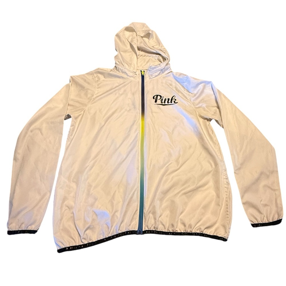 PINK Victoria's Secret White wind breaker with Black Logo and rainbow on zipper